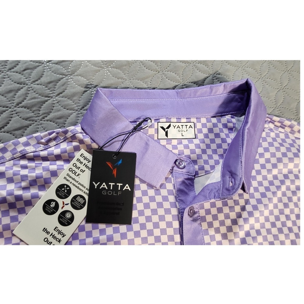 YATTA Golf Polo Shirt Mens Large Purple Checkered Short Sleeve Collared - Picture 3 of 6